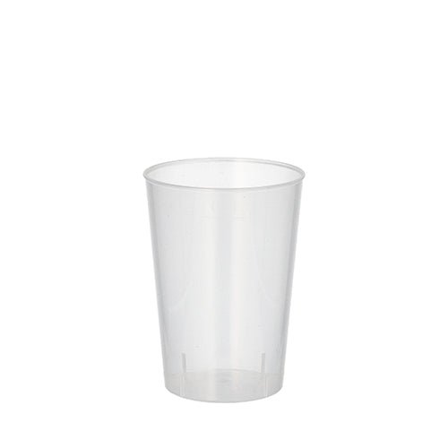 A clear Starpak 20 reusable drinking cup PP 0.1 l (translucent, unbreakable) stands upright on a plain white background, emphasizing its reusable design.