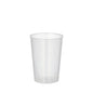 A clear Starpak 20 reusable drinking cup PP 0.1 l (translucent, unbreakable) stands upright on a plain white background, emphasizing its reusable design.