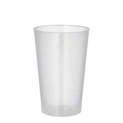 A clear, translucent Starpak 10 reusable drinking cup made of PP stands upright on a white background. The unbreakable, cylindrical cup tapers slightly towards the bottom and has smooth, transparent sides.