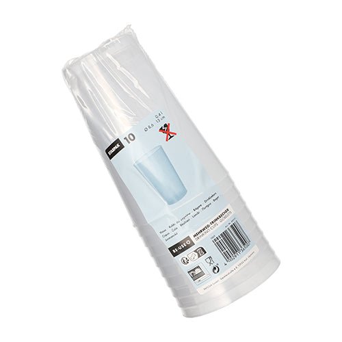 The Starpak 10 reusable drinking cup PP translucent unbreakable by Starpak is delivered in plastic packaging with product labels, recycling symbols, and a barcode on the outside.