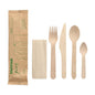 The 50 "pure" wooden cutlery sets from PAPSTAR GmbH contain fork, knife, spoon, small spoon, and napkin in the paper bag – ideal as eco-friendly disposable cutlery.