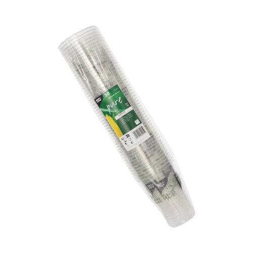 A stack of transparent PAPSTAR 50 PLA drinking cups "Cup made of corn" from PAPSTAR GmbH, wrapped in plastic with a green label reading "50 cups", a corn image, and text highlighting these eco-friendly cups.