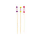 Three PAPSTAR 100 finger food picks from PAPSTAR GmbH made of bamboo stand upright. Each pick has a decorative handle with colorful beads (purple, yellow, pink) and a cross pattern.