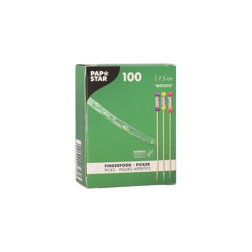 A green and white box from PAPSTAR GmbH labeled "PAPSTAR 100 Fingerfood - Picker" contains 100 bamboo picks, each 7.5 cm long, with colorful attachments and the print "Mexico."