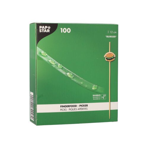 A green box from PAPSTAR GmbH 100 Fingerfood - Picker labeled "BURGER" contains 100 bamboo picks (12 cm long), with an image of a picker and multilingual product information on the front.