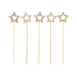 Five PAPSTAR 100 finger food pick toothpicks from PAPSTAR GmbH, each with a hollow, cut-out star on the top, are arranged in a row against a white background.