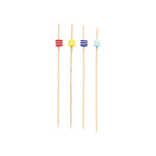 Four "PAPSTAR 100 Fingerfood - Picks" from PAPSTAR GmbH stand vertically on a white background. Each pick has a small, rectangular bead near the tip in red, yellow, blue, or light blue.