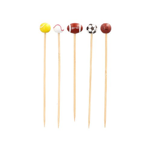 The PAPSTAR 100 finger food - pick from PAPSTAR GmbH features five picks with sports ball decorations - tennis, baseball, football, soccer, and basketball - ideal for parties and arranged upright against a white background.