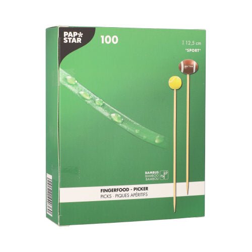 A green PAPSTAR GmbH box with 100 finger food picks, each 12.5 cm, with bamboo design and foot and footballs.