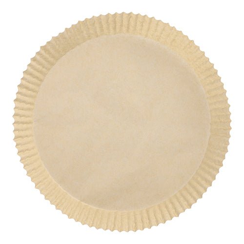 A single round, beige PAPSTAR baking paper (4.5 cm high) for air fryers from PAPSTAR GmbH with a fluted edge, heat-resistant, viewed from above on a white background.