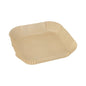 The 100 baking papers for square air fryers from PAPSTAR GmbH are unbleached, brown, square baking papers with pleated sides and a non-stick surface, ideal for air fryers. Pictured on a white background.