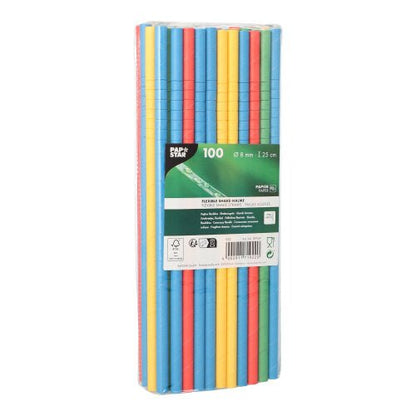 A 100-pack of PAPSTAR GmbH shake straws paper straws, Ø 8 mm, 25 cm, in various flexible colors. Packaged in clear plastic with a green label - ideal for parties or everyday use.