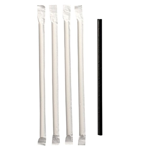 Four individually wrapped white PAPSTAR paper straws (Ø 6 mm) lie next to an unwrapped black sustainable straw by the brand PAPSTAR GmbH on a white background.