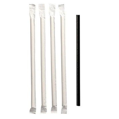 Four individually wrapped white PAPSTAR paper straws (Ø 6 mm) lie next to an unwrapped black sustainable straw by the brand PAPSTAR GmbH on a white background.