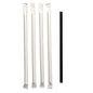 Four individually wrapped white PAPSTAR paper straws (Ø 6 mm) lie next to an unwrapped black sustainable straw by the brand PAPSTAR GmbH on a white background.