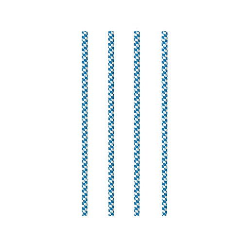 Four identical PAPSTAR 100 paper straws (Ø 6 mm, by PAPSTAR GmbH) with vertical blue and white stripes are evenly distributed on a plain white background.