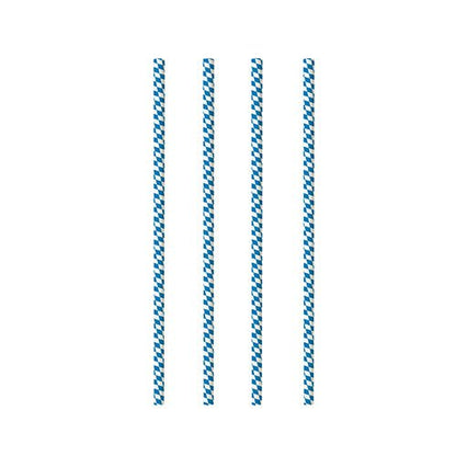 Four identical PAPSTAR 100 paper straws (Ø 6 mm, by PAPSTAR GmbH) with vertical blue and white stripes are evenly distributed on a plain white background.