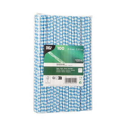 PAPSTAR 100 straws made of paper (Ø 6 mm) from PAPSTAR GmbH, in plastic packaging with a visible label - eco-friendly, sustainable blue and white straws.