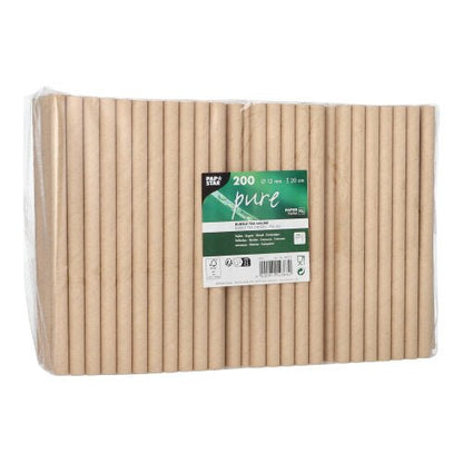 A clear package with 200 PAPSTAR bubble tea straws "pure" (12 mm x 20 cm, brown, environmentally friendly) from PAPSTAR GmbH, packaged in foil with a green and white label with product information and eco-symbols. Brown straws stand neatly inside.