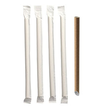 Pictured are five PAPSTAR Bubble Tea straws "pure" (Ø 12 mm, 20 cm, brown, pointed | foil) from PAPSTAR GmbH; four individually wrapped and one unwrapped, all arranged vertically on a white background.