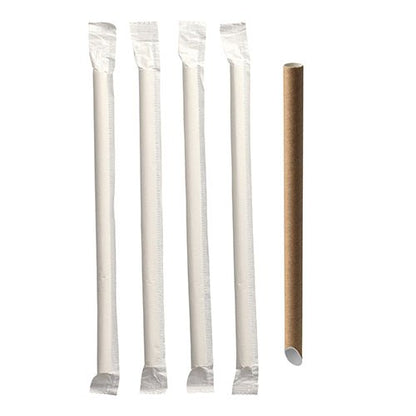 Pictured are five PAPSTAR Bubble Tea straws "pure" (Ø 12 mm, 20 cm, brown, pointed | foil) from PAPSTAR GmbH; four individually wrapped and one unwrapped, all arranged vertically on a white background.