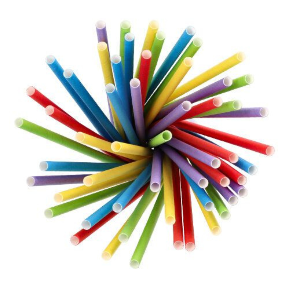 A top view of the environmentally friendly shake straws paper from PAPSTAR GmbH, arranged in a radial pattern. With colors like red, blue, yellow, green, and purple with a white interior, these straws create a vibrant circular display that is sure to inspire sustainable choices.