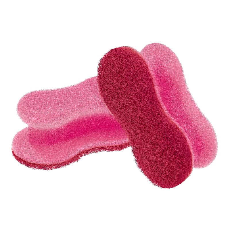 Two pink Scotch-Brite® Delicate Color Comfort non-scratch cleaning sponges by 3M Deutschland GmbH are stacked on a white background. They gently clean delicate surfaces and leave no scratches. The package contains 2 pieces.