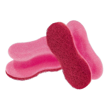 Two pink Scotch-Brite® Delicate Color Comfort non-scratch cleaning sponges by 3M Deutschland GmbH are stacked on a white background. They gently clean delicate surfaces and leave no scratches. The package contains 2 pieces.