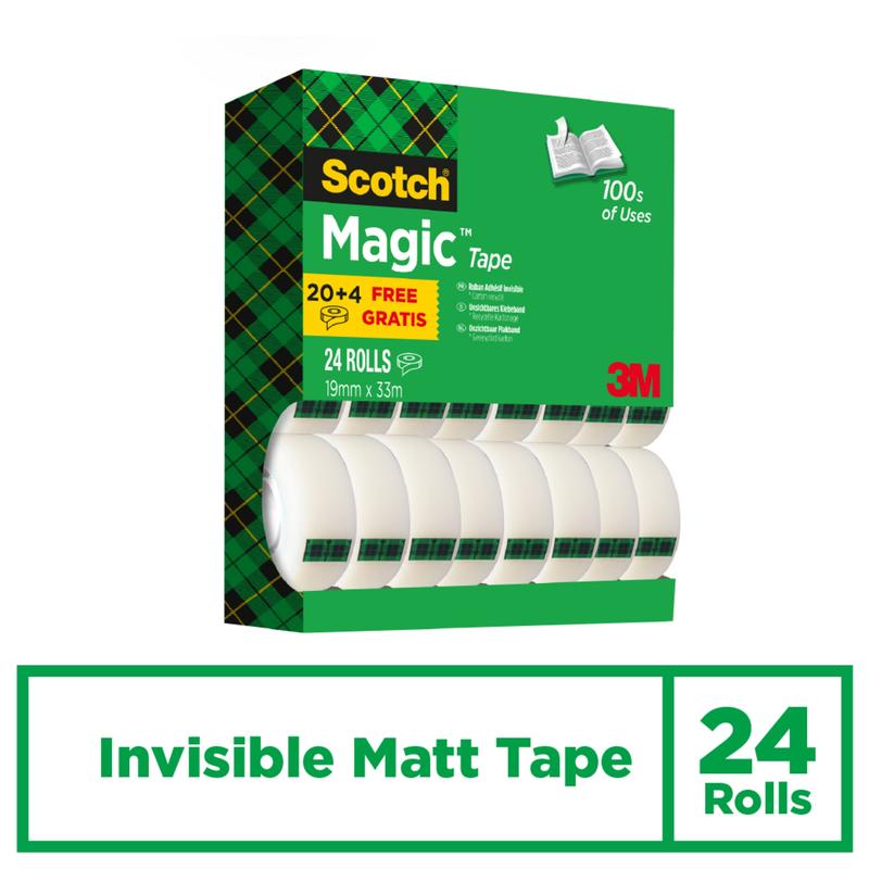 A green-black value pack box of Scotch® Magic™ Invisible Tape from 3M Deutschland GmbH, containing 24 rolls (19 mm x 33 m), with the inscription "Invisible Matt Tape." The box says "100s of Uses" and "20+4 Free Gratis," with the 3M logo.