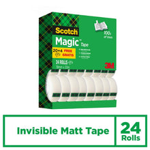 A green-black value pack box of Scotch® Magic™ Invisible Tape from 3M Deutschland GmbH, containing 24 rolls (19 mm x 33 m), with the inscription "Invisible Matt Tape." The box says "100s of Uses" and "20+4 Free Gratis," with the 3M logo.