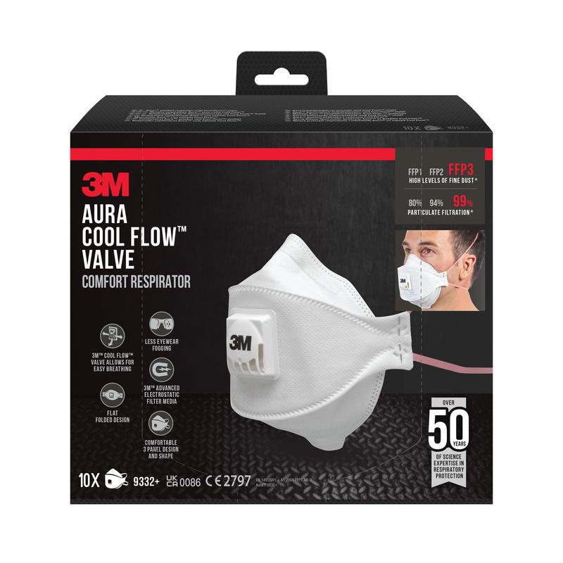 A box of the 3M™ Aura™ Comfort Cool Flow™ Particulate Respirator 9332+ FFP3 with valve from 3M Deutschland GmbH, showing the mask and a person wearing it. The packaging emphasizes comfort, filtration, and over 50 years of experience in respiratory diseases.