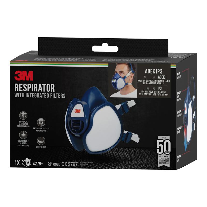 The packaging of the 3M™ respirator with integrated filters from 3M Deutschland GmbH is predominantly black and shows product details, an image of the mask, and a small photo of the wearer.