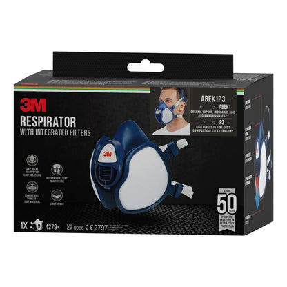 The packaging of the 3M™ respirator with integrated filters from 3M Deutschland GmbH is predominantly black and shows product details, an image of the mask, and a small photo of the wearer.