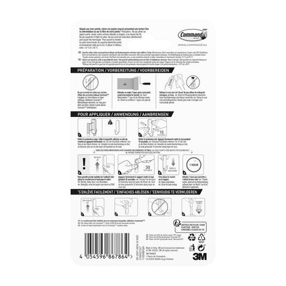 Back of the 3M Deutschland GmbH Medium-sized Command™ matte black hook, 17034B, shows multilingual instructions with diagrams for application and removal, step symbols, and a barcode; includes 1 hook and 2 strips.