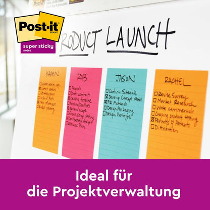 Four yellow, lined Post-it® Notes in large format (101×101 mm) from 3M on a whiteboard with tasks and names under "Product Launch". Visible: Post-it logo and "Ideal for project management". 100% PEFC, 300 sheets/block.