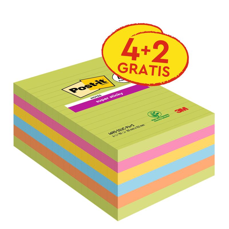 A pack of Post-it® Super Sticky Notes in large format, 101 x 152 mm, lined, in various colors. Contains 4 pads + 2 free (90 sheets/pad), strong adhesive notes, by 3M Deutschland GmbH, 100% PEFC certified.