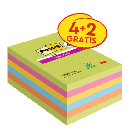 A pack of Post-it® Super Sticky Notes in large format, 101 x 152 mm, lined, in various colors. Contains 4 pads + 2 free (90 sheets/pad), strong adhesive notes, by 3M Deutschland GmbH, 100% PEFC certified.