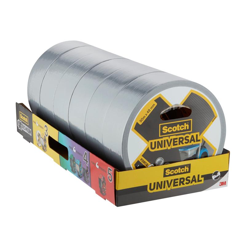 A display box with five large rolls of Scotch® Universal Tape 2904 (50 m x 48 mm), each roll labeled with the product name and brand, and the logo of 3M Deutschland GmbH visible on the box.