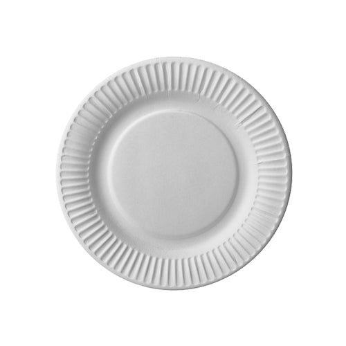 A round white paper plate (23 cm) from Starpak 100 plates made of virgin fiber cardboard with a corrugated edge is shown from above on a white background. Brand: Starpak.