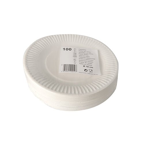 A stack of Starpak 100 plates, round paper, white, with a corrugated edge and a barcode label indicating 100 plates each with a diameter of 23 cm.