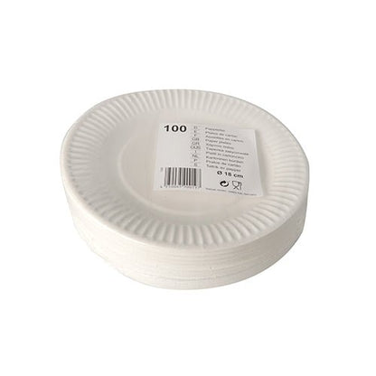 A stack of Starpak 100 plates, round paper, white, with a corrugated edge and a barcode label indicating 100 plates each with a diameter of 23 cm.