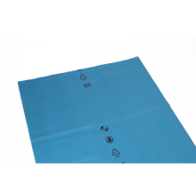 The DEISS 90036 (850x1250x0.06 mm, blue) from EMIL DEISS KG is a large blue plastic sheet with recycling symbols and the number 65 in black, ideal for professional garbage bags. Pictured on a solid white background. Carton contains 200 pieces.