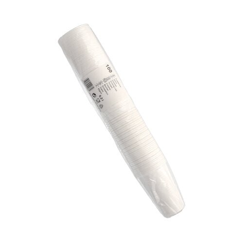A pack of 100 Starpak drinking cups (0.2 L, Ø 7.03 cm, 9.9 cm, white) made of lightweight PP, packaged in clear plastic wrap with a barcode and label—perfect for everyday use.
