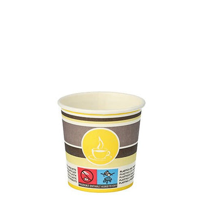 The Starpak drinking cup "To Go" made of cardboard, 0.1 l (Ø 6 cm), features a brown-yellow design with a coffee cup symbol, warning notices at the bottom edge, and a plain white background. Pack of 80 pieces.
