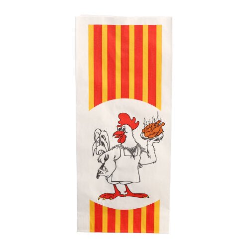 The Starpak 100 chicken bag made of paper with HDPE insert "Grill Chicken" features a design with red and yellow stripes and a chicken in an apron holding a steaming grilled chicken on a plate.