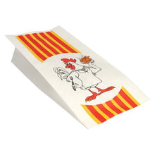 The Starpak 100 paper chicken bags with an HDPE liner labeled “Grilled Chicken” are white with yellow and red stripes and a cartoon chicken—ideal for serving grilled chicken in an eco-friendly way.