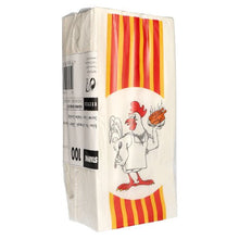 The Starpak 100 chicken bag features red and yellow vertical stripes, an illustration of a chicken with a “Grilled Chicken” sign, a barcode, and text on its eco-friendly paper packaging with an HDPE inner liner.