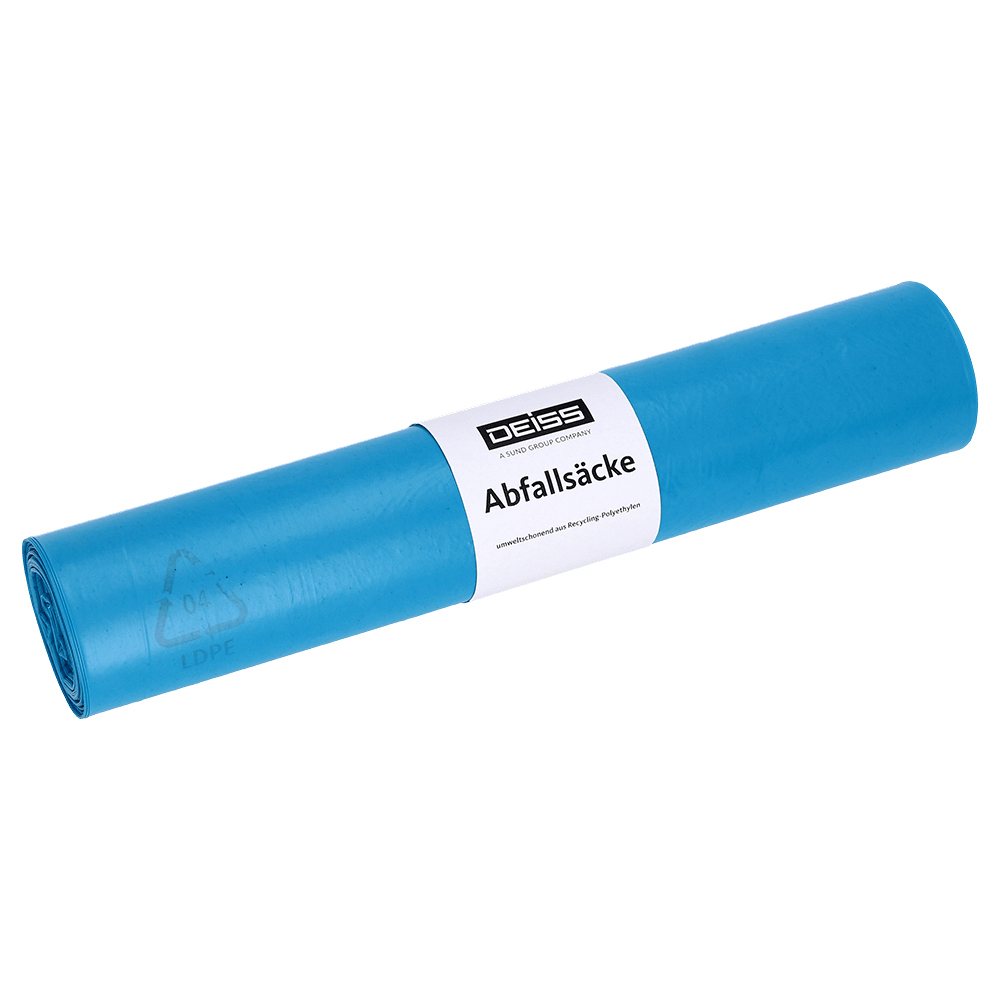Pictured is a roll of DEISS 90178 blue garbage bags (600+260x1100x0.06 mm, 25 pieces) from EMIL DEISS KG (GmbH + Co.), securely packaged with a white label with the inscription "Trash Bags" and "DEISS" on a white background.