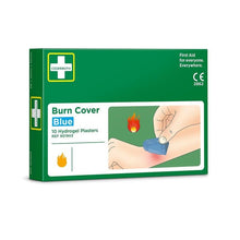 A green box with the label "Cederroth burn cover, blue, hydrogel plaster, 10 pieces" by Orkla Wound Care AB shows a hand applying a blue hydrogel plaster to burns next to a flame symbol. The package contains 10 plasters and is marked with the Cederroth logo.
