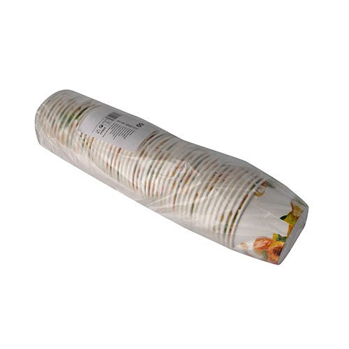 A stack of 50 ice cream cups, round cardboard from Starpak, is wrapped in transparent plastic film and bears a visible barcode label on top. The round cardboard cups feature a colorful design on the rim.